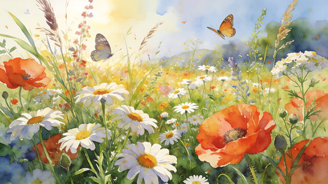Vibrant wildflower meadow with orange poppies and fluttering butterflies in sunlight.