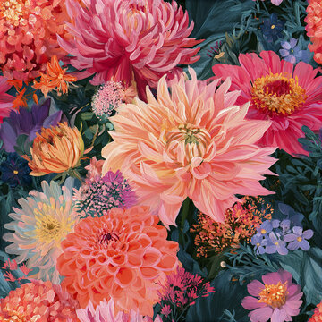 Seamless colorful floral collage featuring large dahlias zinn cea dda f ee ebfeabd gigapixel standard height px vibrant pink