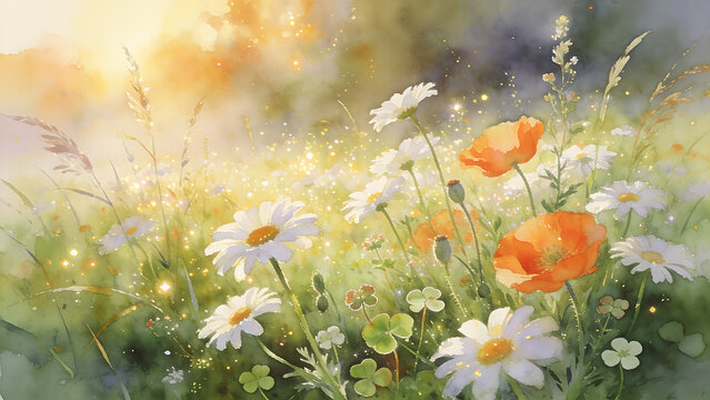 Vibrant Wildflowers Blooming in a Sunny Meadow Landscape.