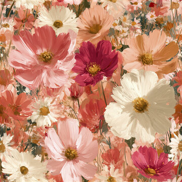 Colorful cosmos flower pattern with soft pink, white, and red petals creating vibrant and lively meadow design