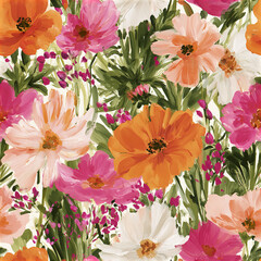 Obraz premium Seamless colorful wildflower pattern with bright orange, pink, and white flowers creating lively and cheerful floral design