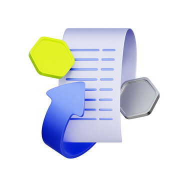 3D illustration of transaction receipt with return arrow and coins for expense claim, bill refund, payment dispute, financial record, cash return, and accounting process.