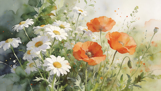 Vibrant Wildflowers Including Orange Poppies and White Daisies in Sunny Field.