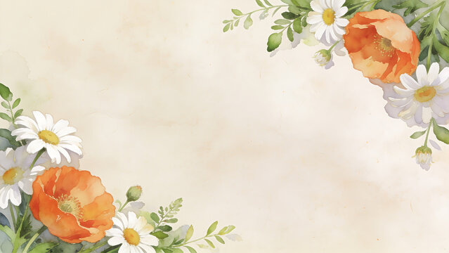 Delicate orange roses and white daisies on soft pastel background.