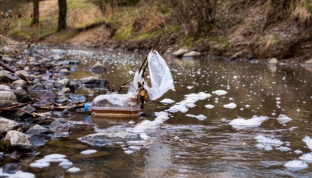 Dirty water flowing slowly with foam and plastic waste.