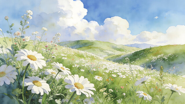 Bright summer meadow with blooming white daisies under a blue sky.