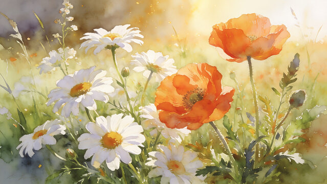 Vibrant Orange Poppies and White Daisies in Sunny Meadow Landscape.