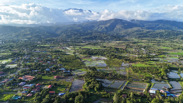 defaultBreathtaking aerial view of a peaceful rural village surrounded by green paddy fields, water ponds, and lush tropical trees, with the majestic Mount Kinabalu shrouded in white clouds in the bac