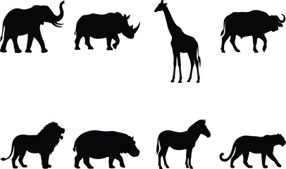 African safari wild animals black vector silhouettes set featuring elephant lion giraffe rhino and zebra © MdFarhad
