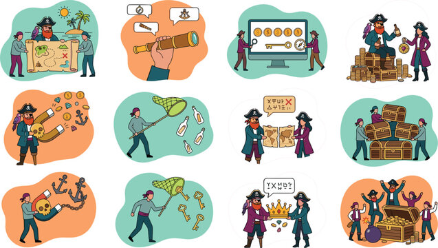 Pirate treasure hunt vector concept set featuring captain crew map chest keys magnet and online crypto looting metaphors