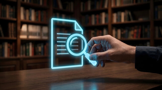 Hand using holographic magnifying glass over document icon representing digital research, analysis, information discovery, and document review