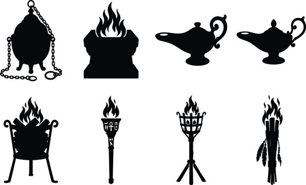 Ancient Light Sources Torch Fire Altar Oil Lamp Vector Silhouette Icon Set
