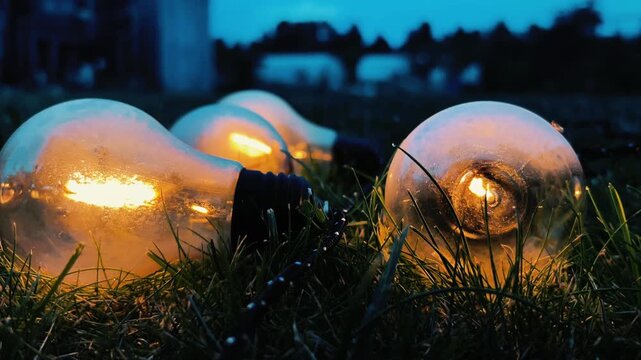 Ground level shot of glowing warm incandescent light bulbs lying on green grass in the evening. Ideal for outdoor event lighting, garden decor, and energy concepts.