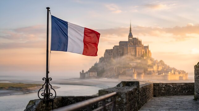 French flag waving against the breathtaking backdrop of Mont Saint Michel at sunrise