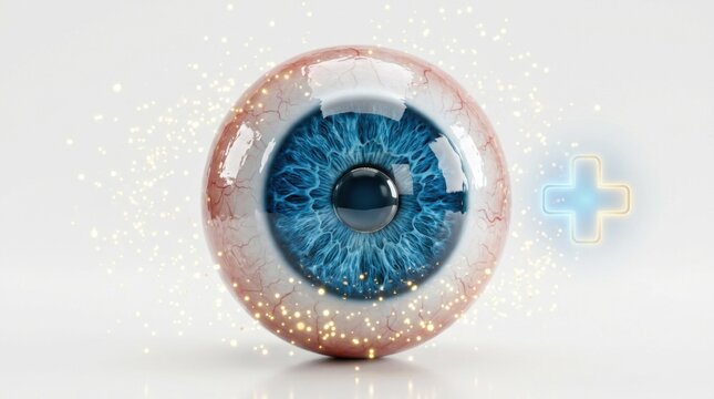 A Detailed Blue Iris Human Eye Model with Vascular Structures and Sparkling Light Particles