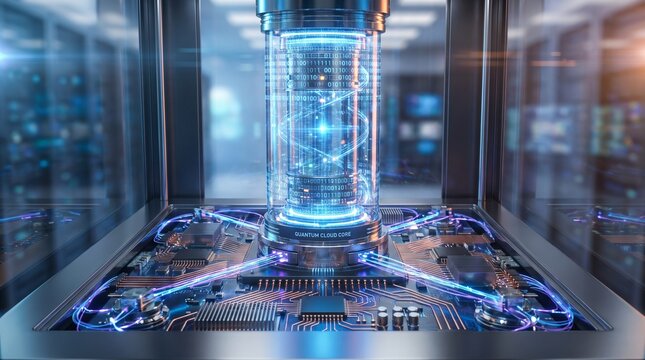 Glowing quantum processor unit integrated into a high-tech data server for digital innovation.