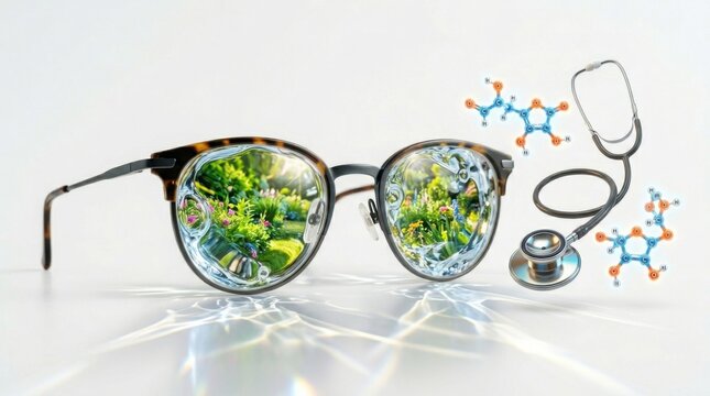 Fashionable eyeglasses reflecting a vibrant garden scene, symbolizing clear vision and optical science research.