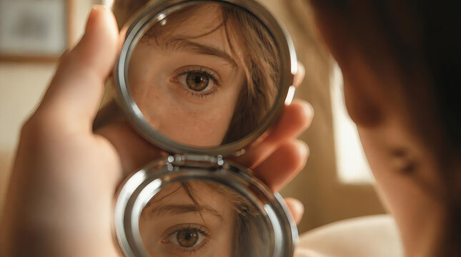 Childs Eye Reflection in Handheld Mirror Childhood Self Discovery
