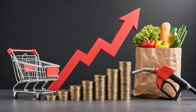 A shopping cart and grocery bag with rising coins illustrate increasing food inflation.