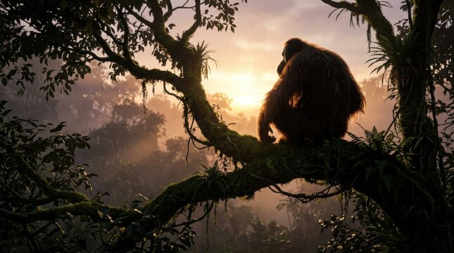 Majestic orangutan perched on a tree branch during a golden sunset in a dense jungle forest