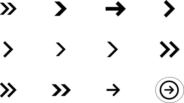 Set of black arrow icons including double arrows and circled direction symbol with direction navigation interface isolated collection pointing elements