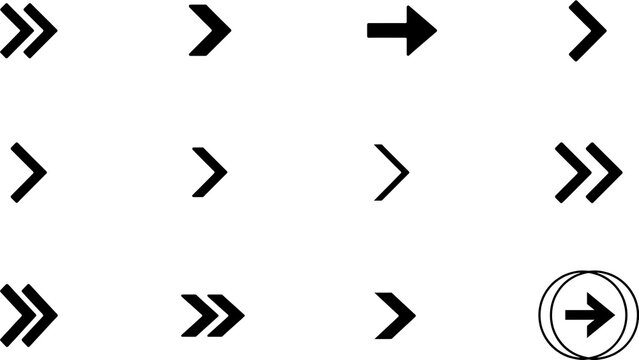 Set of black arrow icons including double arrows and circled direction symbol with direction navigation interface isolated collection pointing elements
