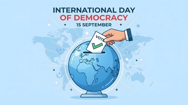 International day of democracy illustration with a hand casting a vote into a globe