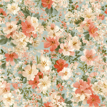 Soft blush and cream floral pattern with green leaves on light blue background creating delicate and charming design