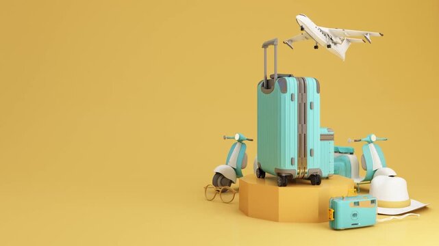 3D illustration of travel accessories including turquoise suitcases, scooters, and airplane on yellow background