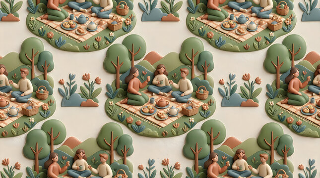 Seamless pattern design of people having a picnic in a 3d clay style illustration background
