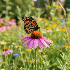 Obraz premium Monarch Butterfly Resting on a Purple Flower in a Summer Garden Macro Nature Close Up