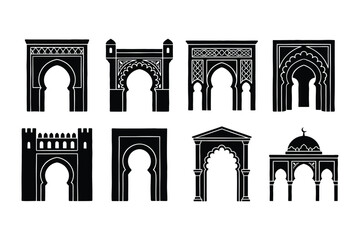 Fototapeta premium Traditional oriental architecture archways and ornate doorway silhouettes