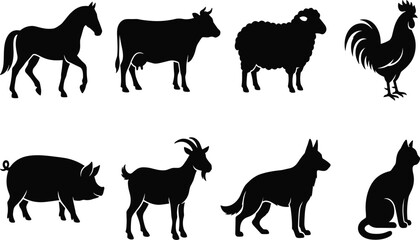 Obraz premium Farm Animals Silhouettes Vector Set Featuring Horse Cow Sheep Rooster Pig Goat Dog and Cat