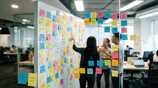 Business team collaborating brainstorming ideas with colorful sticky notes on a glass wall