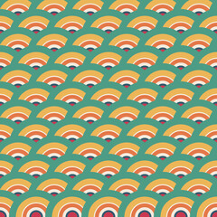 Japanese wave scale repeat pattern in red orange, intricate geometric vector artwork for print-on-demand and fabric design © Tungbackground