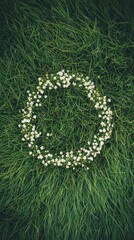 Obraz premium Minimalist mobile wallpaper of white flowers in a circle on lush green grass.
