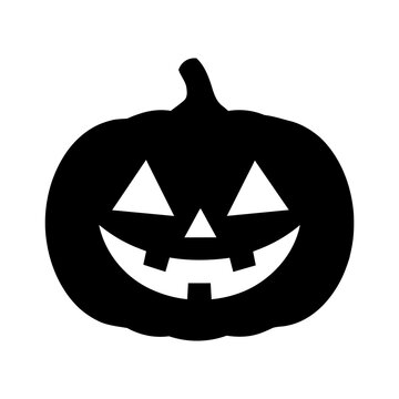 Black Halloween pumpkin jack-o'-lantern silhouette icon with a carved smiling face, isolated on a transparent background.