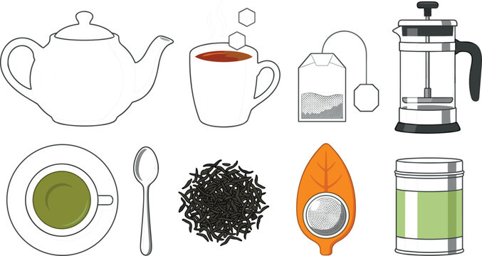 Tea time brewing vector elements collection with teapot french press hot mug loose leaves tea bag strainer and green matcha cup