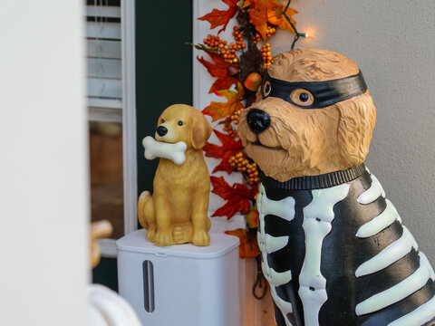 Two decorative dog figures with Halloween costumes stand on a beautifully decorated front porch. Autumn leaves, lights, and seasonal ornaments create a festive Halloween home display.