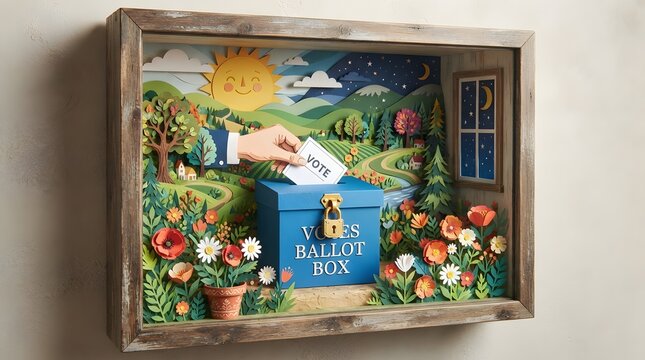 Paper cut shadow box art featuring a hand casting a vote in a ballot box in a scenic landscape