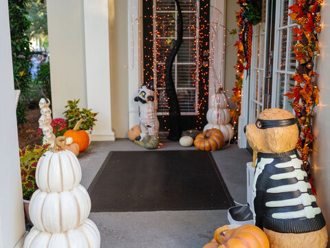A festive front porch is decorated with pumpkins, Halloween lights, wreaths, and seasonal ornaments. Decorative dog and cat figures add a playful touch to the autumn holiday display.