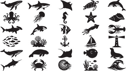 Set of sea creatures and marine life icons, ocean animals silhouettes and nautical symbols vector © Graphic Boss