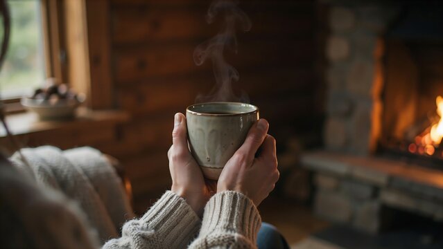  a person holding a ceramic mug in a rustic setting.