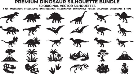 Black Dinosaur Silhouette Bundle, 30 Prehistoric Animals, T-Rex Triceratops Stegosaurus Brachiosaurus, Icon Set, Volcano Palm Fossil Eggs, Vector Illustration © Graphic Boss