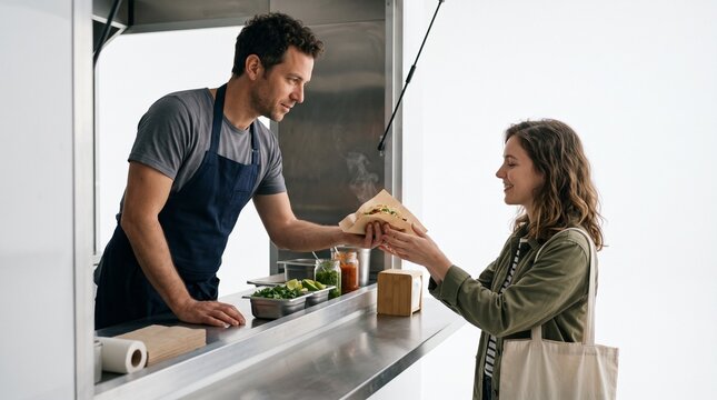 A vendor hands a takeaway food order to a customer from a food truck. White background