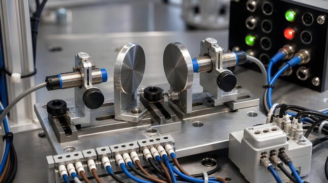 Proximity Sensor Alignment Setup With Metallic Targets For Industrial Electrical Automation And Calibration Training Sessions