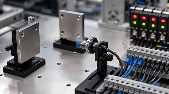 Proximity Sensor Alignment Setup With Metallic Targets For Industrial Electrical Automation And Calibration Training Sessions