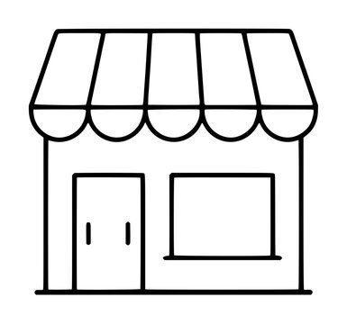 Hand-traced vector icon illustration of a charming small storefront featuring a classic striped awning with scalloped edges, double doors, and a large display window, perfect for retail and shop