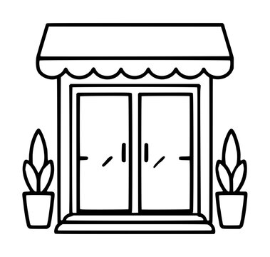 Hand drawn storefront icon featuring double glass doors, striped awning, and two potted plants in a minimalist black outline vector illustration style