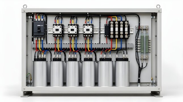 Capacitor Bank Training Model With Cylindrical Capacitors And Contactors For Power Factor Correction Education Sessions